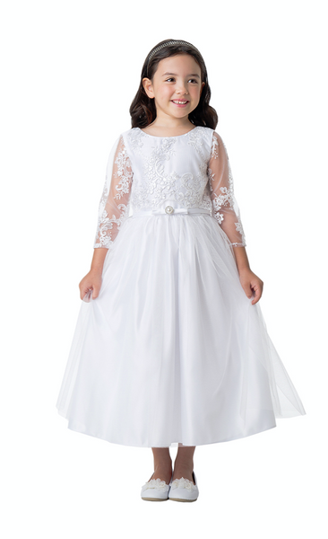 Lace Sleeve Top with Pearl Broach Dress in White
