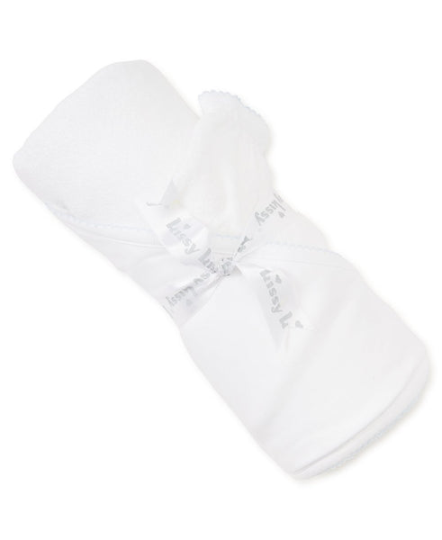 Hooded Towel with Mitt in White with Light Blue