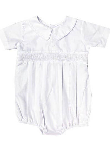 Boy's Embroidered Cross Smocked Romper Bubble in White