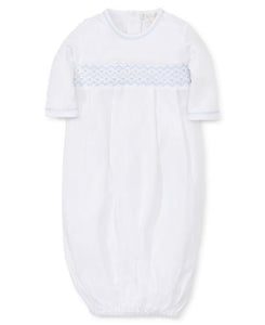 Hand Smocked CLB Sack Gown in White / Blue