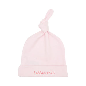 Pima Cotton Zipper Knot Hat in Pink Embroidered Hello World