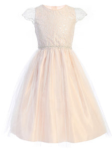 Corded Lace & Tulle Dress in Blush