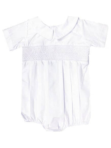 Boy's Smocked Collared Romper Bubble in White