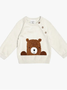 Organic Cotton Knit Fluffy Bear Sweater + Pant Set in Stone