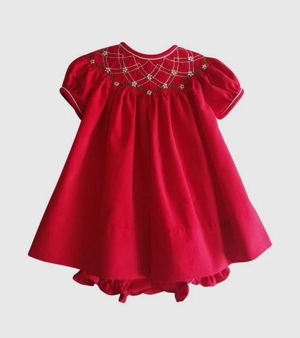 Baby Girl Bishop Smocked Red & Green Christmas Bows Dress