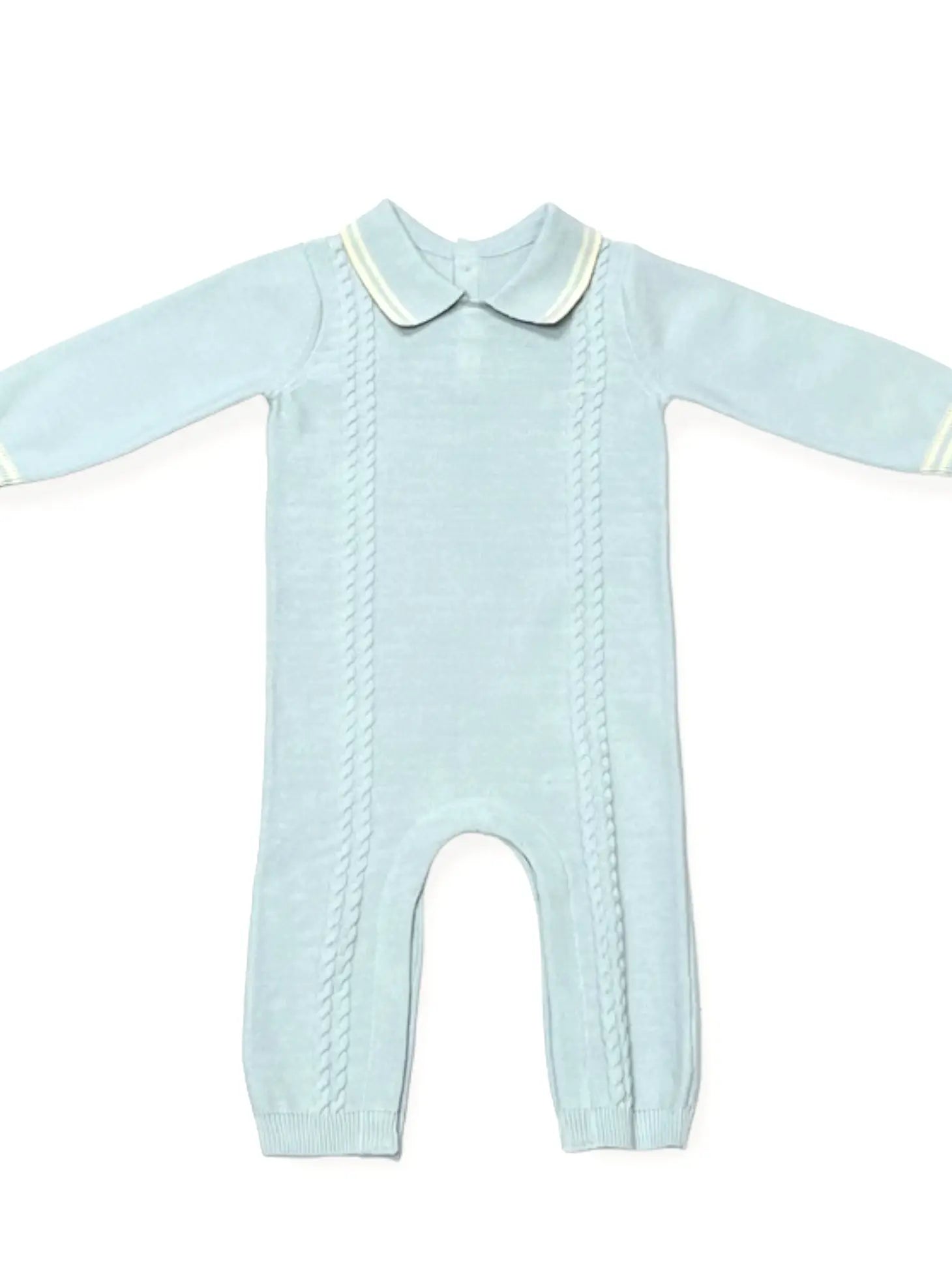 Organic Cotton Cable Knit Collared Coverall in Light Blue