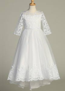 Embroidered Tulle & Sequins Full Length Communion Dress