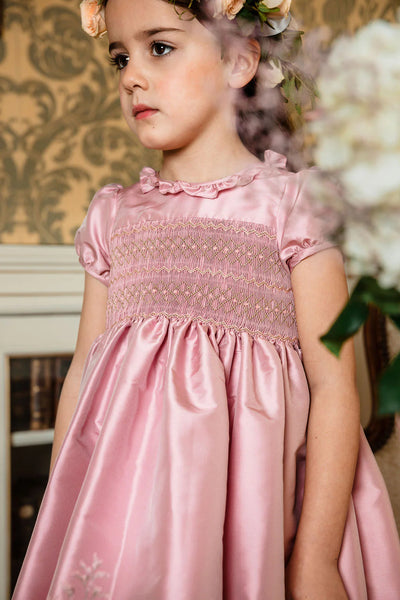 Girls Smocked Special Occasion Dress in Astrid Pink Silk