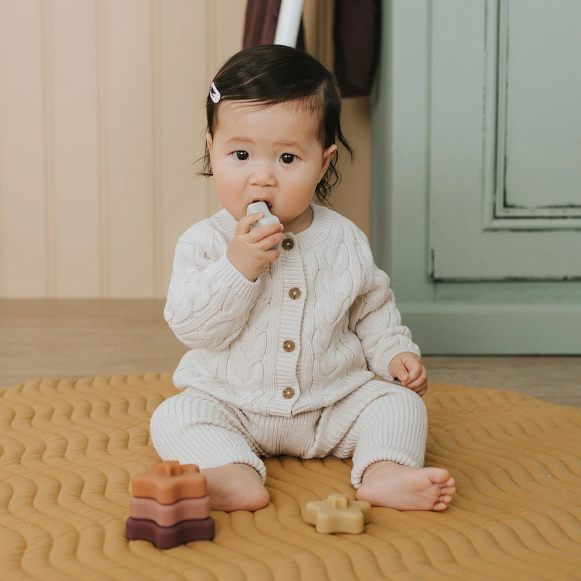 Petite Lem Knit Cardigan Sweater & Pant 2 Piece Set in Creme