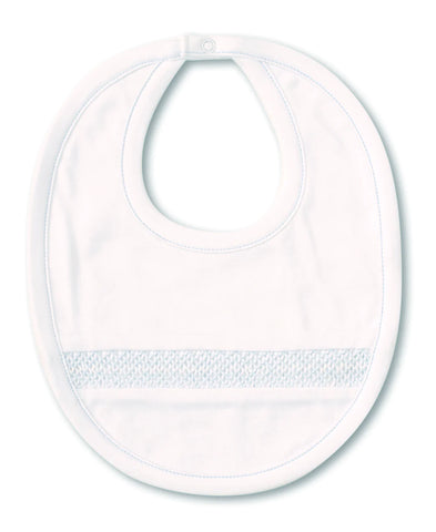 Hand Smocked CLB Bib in White with Blue Trim