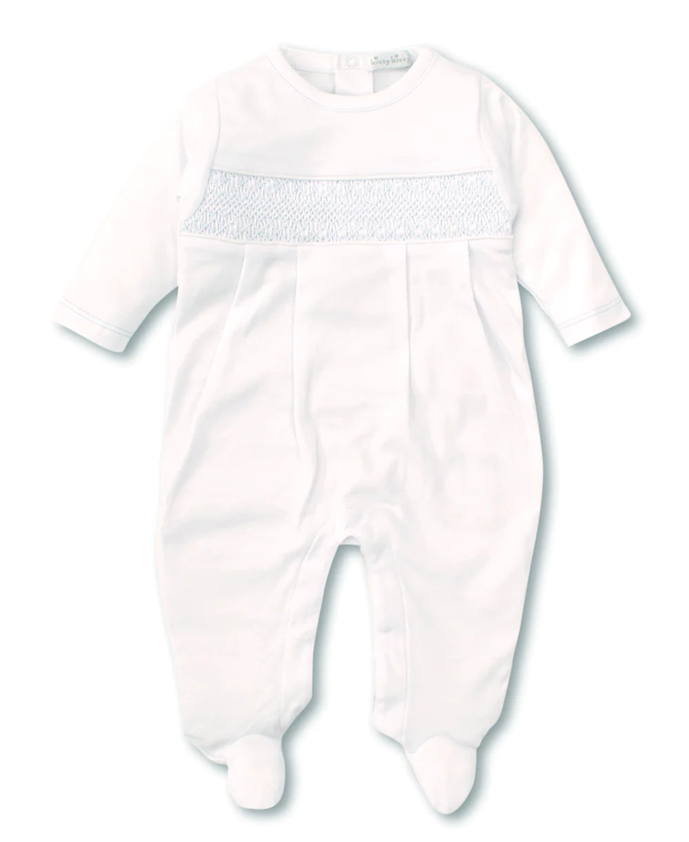 Hand Smocked CLB Footie in White / Blue