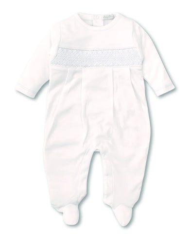 Hand Smocked CLB Footie in White / Blue