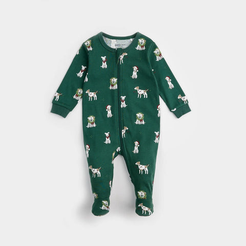 Organic Cotton Zipper Footie in Holiday Jack Russell Green