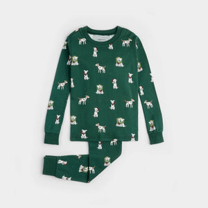 Organic Cotton Pajama Set in Holiday Jack Russell Green