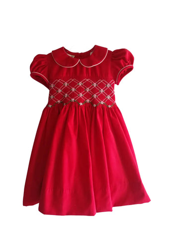 Girl's Collared Smocked Christmas Red & Green Bows Dress