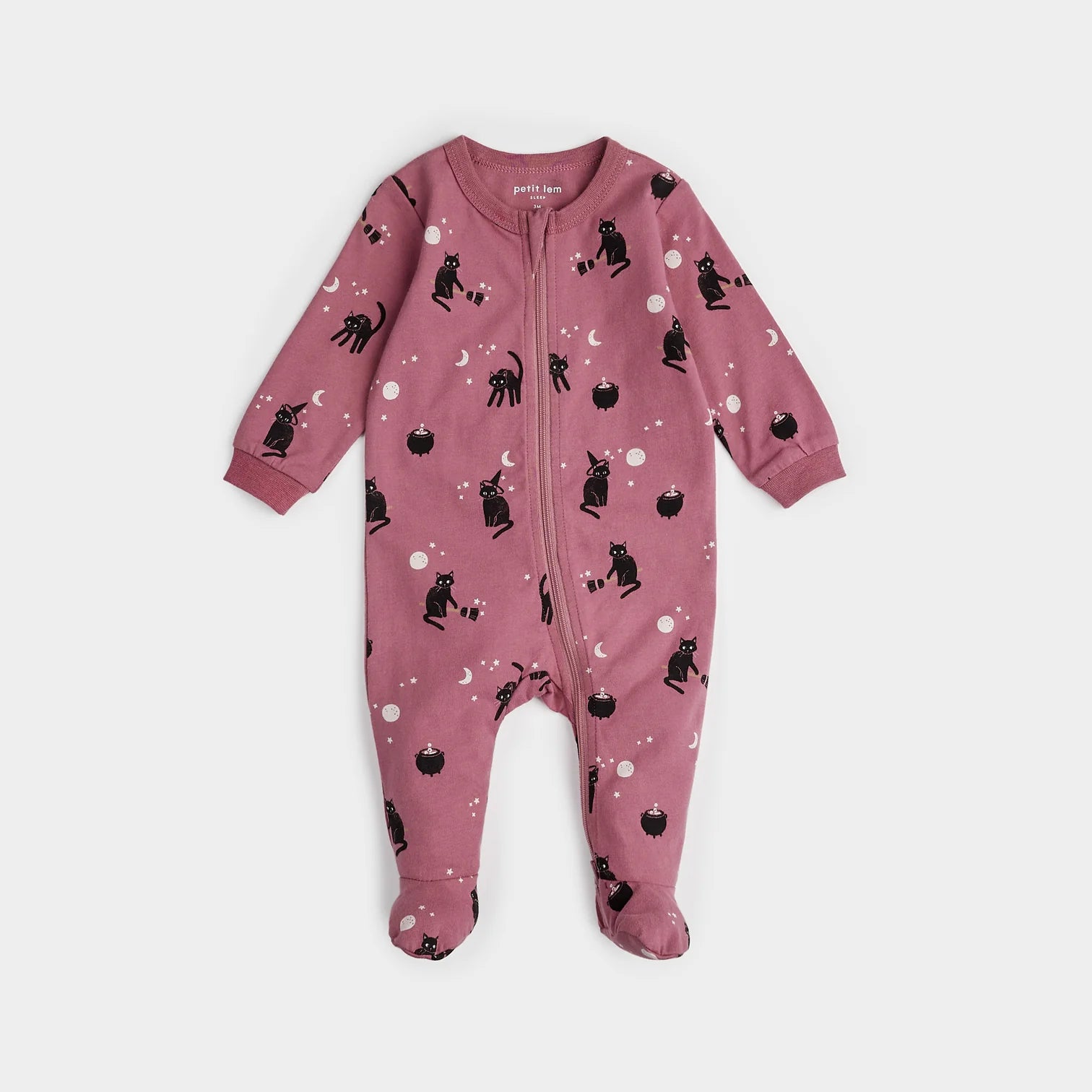 Organic Cotton Zipper Footie in Glow in Dark Witchy Cats