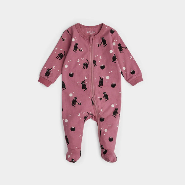 Organic Cotton Zipper Footie in Glow in Dark Witchy Cats
