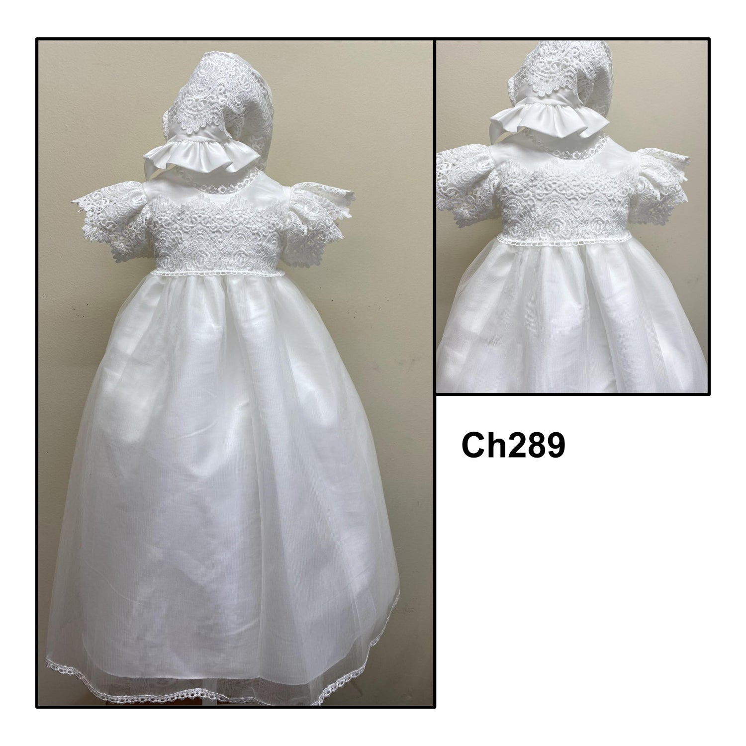 Embroidered Organza and Tulle Crochet Lace Christening Gown with Bonnet in Ivory