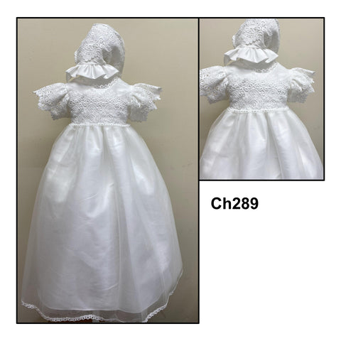 Embroidered Organza and Tulle Crochet Lace Christening Gown with Bonnet in Ivory