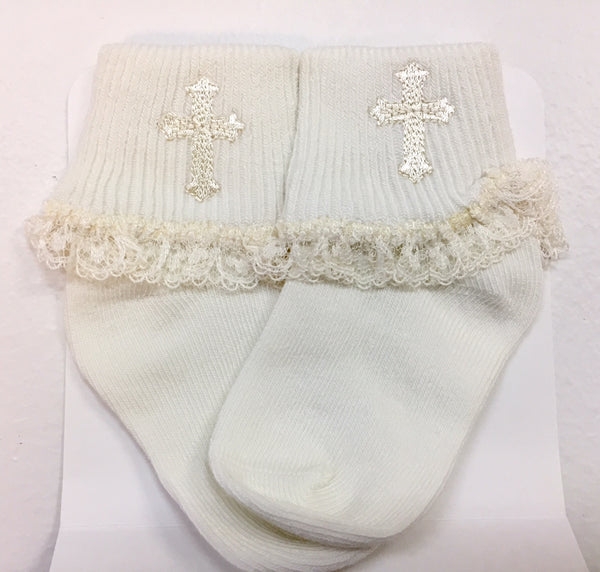 Lace Trim Christening Socks with Embroidered Cross