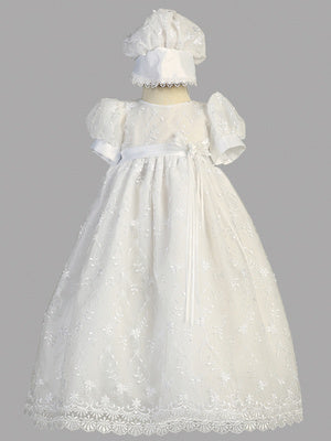 Embroidered Shimmer Tulle Christening Dress with Bonnet