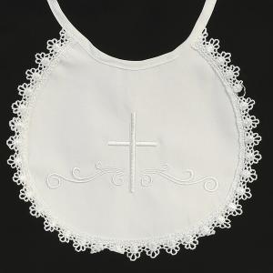 Embroidered Cotton Christening Bib with Cross and Lace Trim