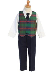 Boys Green Plaid Holiday Vest with Blue Pants