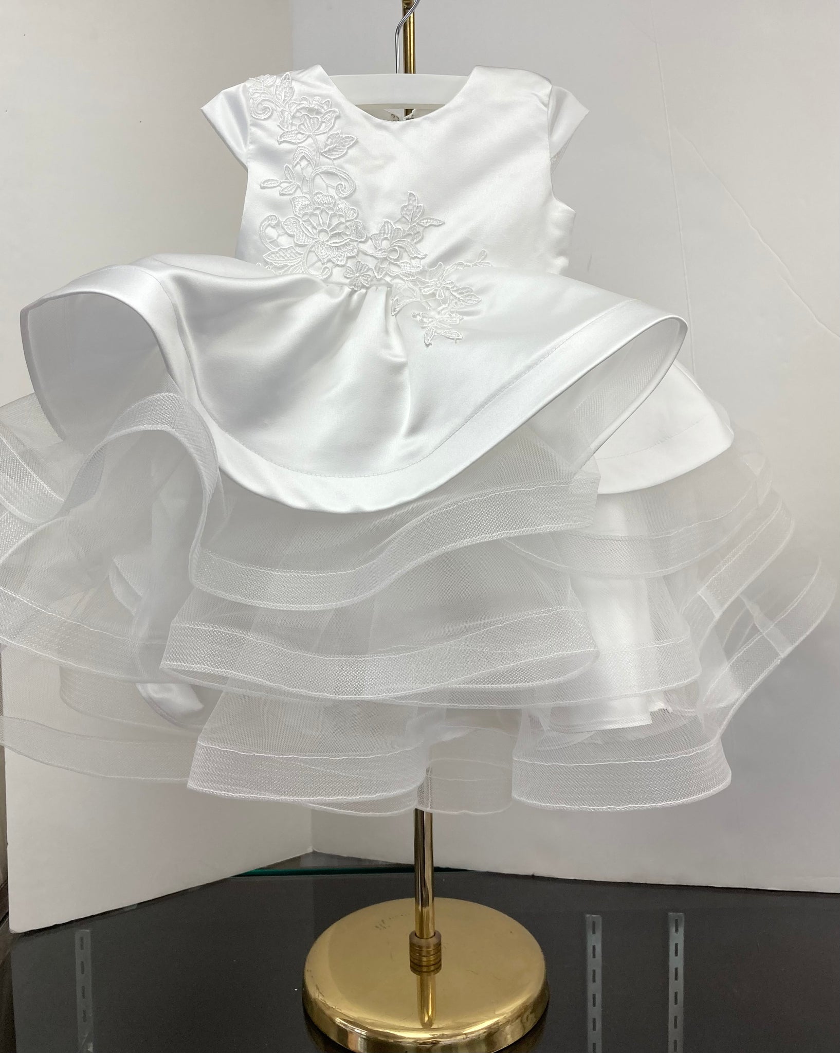 Satin Layered Horse Hair Party Dress in Ivory