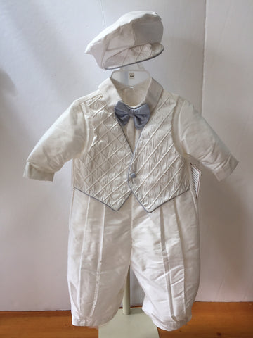 Silk Shantung Christening Romper with Blue Piping and Cap