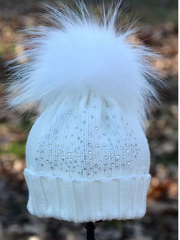 Baby Crystal Knit Pom Pom Hat in Ivory