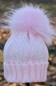 Baby Crystal Knit Pom Pom Hat in Light Pink