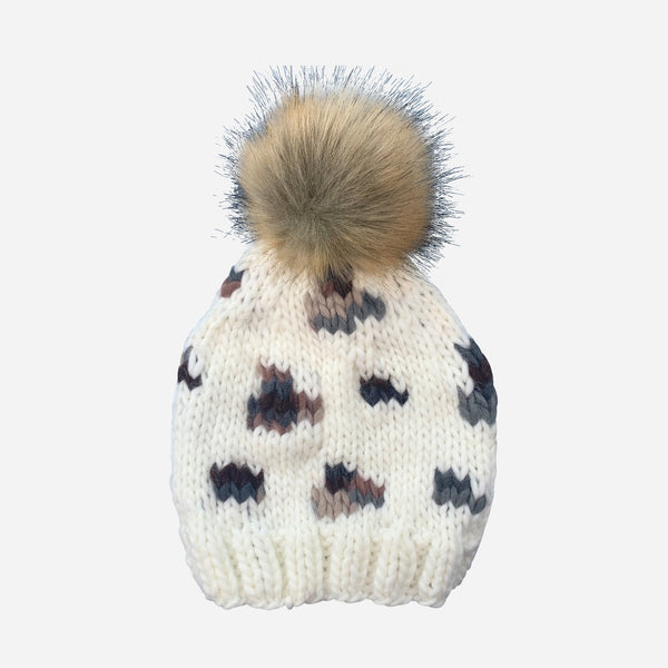Leopard Hand Knit Hat with Pom