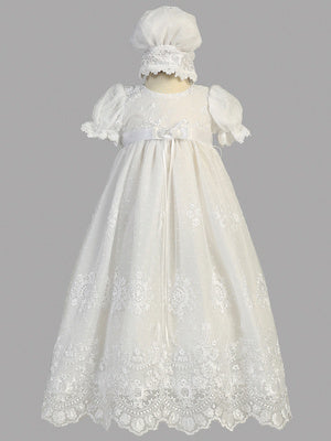 Lace Embroidered Tulle Christening Dress with Bonnet