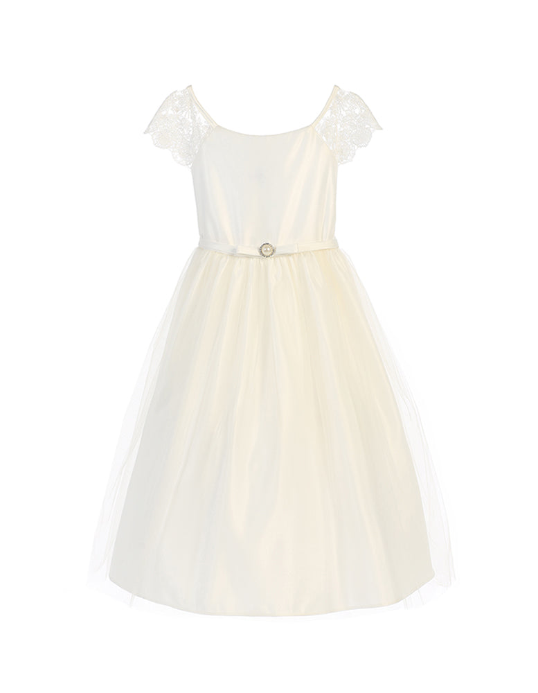 Satin Dress with Lace Sleeve and Pearl Broach in Off White