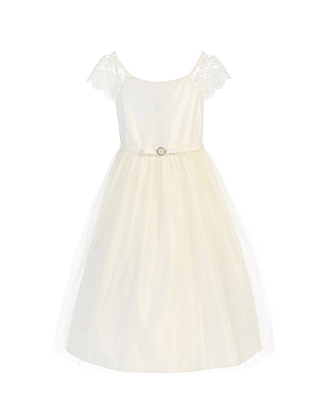 Satin Dress with Lace Sleeve and Pearl Broach in Off White