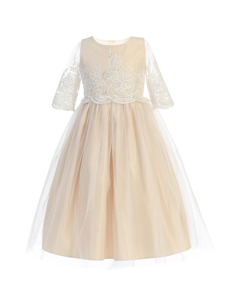 Sequin and Cord Embroidered Tulle Dress in Champagne