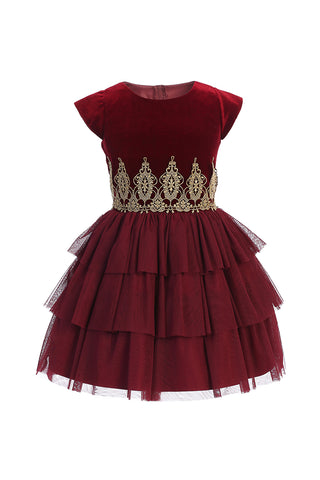Velvet and Tiered Tulle Party Dress in Burgundy