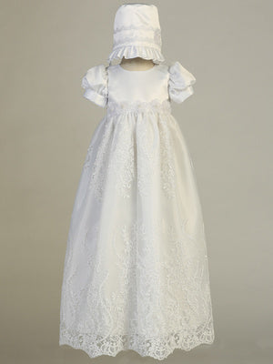 Satin with Embroidered Lace Christening Dress with Bonnet