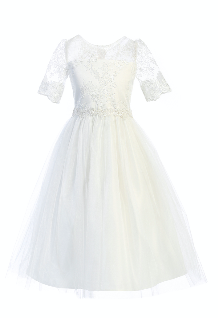 Floral Lace Sleeve and Shimmer Tulle Dress in White