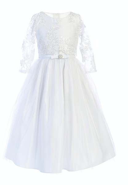 Lace Sleeve Top with Pearl Broach Dress in White