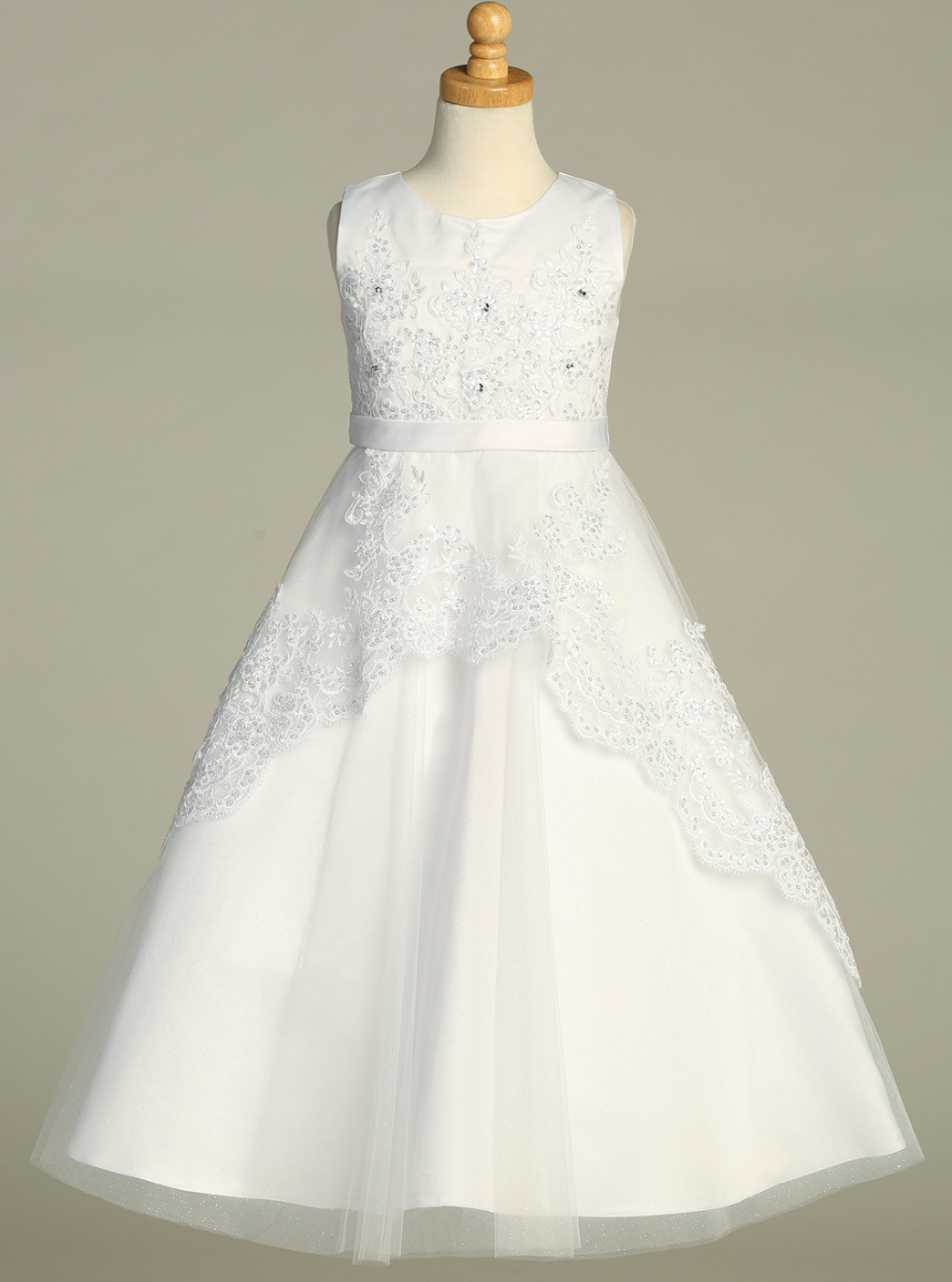 Embroidered Tulle & Sequins with Sain Waist Communion Dress
