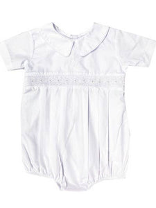 Boy's Embroidered Cross Smocked Romper Bubble in White