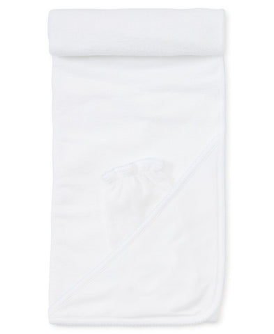 Hooded Towel with Mitt in White with Light Blue