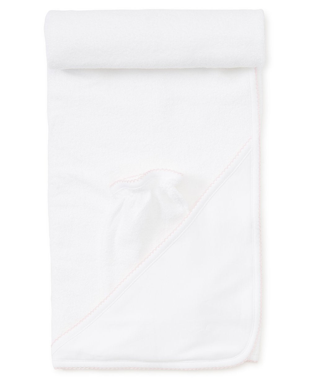 Hooded Towel with Mitt in White with Pink