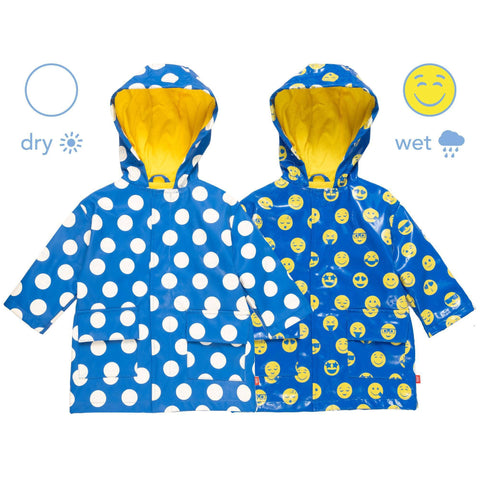 Magnetic Raincoat in blue polka dot color changing emoji