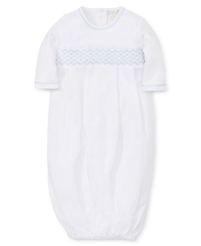 Hand Smocked CLB Sack Gown in White / Blue