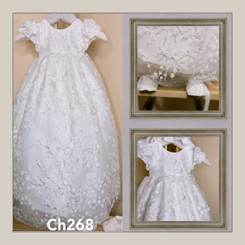 Embroidered Tulle with Sequins Christening Gown with Bonnet in Ivory