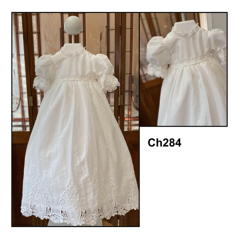 Cotton & Taffeta with Crochet Trim Christening Gown with Bonnet in Ivory