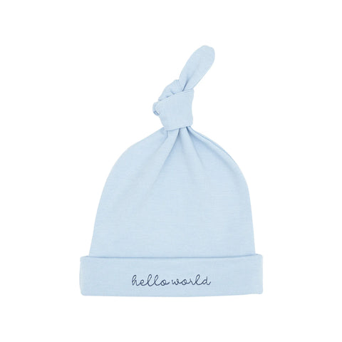 Pima Cotton Zipper Knot Hat in Blue Embroidered Hello World