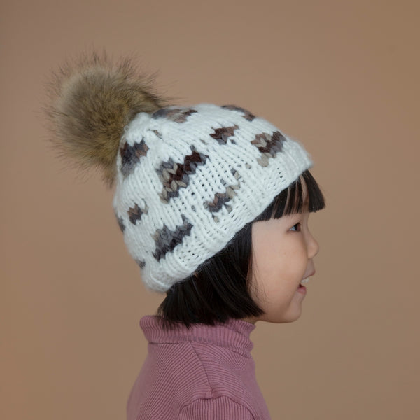 Leopard Hand Knit Hat with Pom